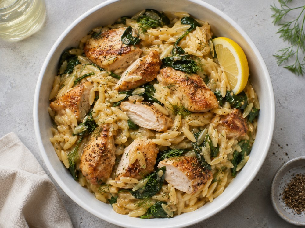 Lemon chicken orzo with spinach in a white bowl